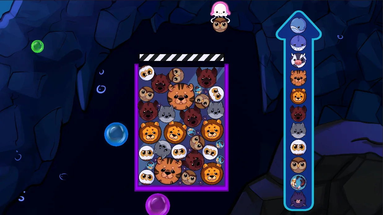 Project Blue Whale: animals stacked in the play area, with the next animal waiting to drop